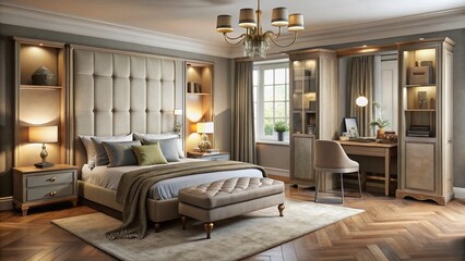 Naklejka premium Vintage Bedroom with Built-in Wardrobe, Double Bed, and Upholstered Sofa for Cozy Interiors