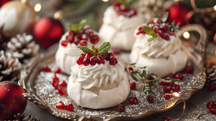 A close-up of mini pavlovas topped with whipped cream, fresh pomegranate seeds, and sprigs of mint, arranged on a silver tray with festive red and green holiday decor around them.