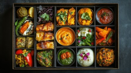 Fototapeta premium Vibrant, flavorful dishes packed into a traditional Indian lunchbox, shot from above, showcasing rich, aromatic textures.