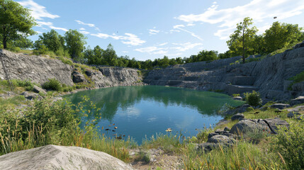 Fototapeta premium serene oasis emerges in deserted quarry, surrounded by lush greenery and rocky cliffs. tranquil water reflects clear blue sky, creating peaceful natural retreat
