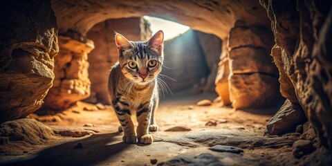 Vintage Cat in a Mysterious Cave - Whimsical and Enigmatic Atmosphere for Pet Lovers