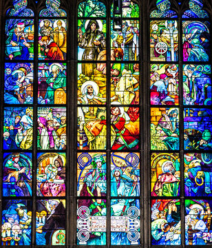 St. Vitus Cathedral's Interior Mucha's Stained Glass Window Detail In Prague Castle in Prague, Czech Republic.
