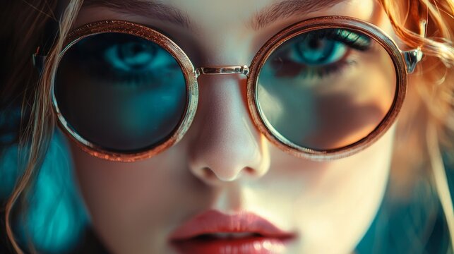 Close-up of a woman wearing retro sunglasses with bold reflection