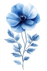 Watercolor blue flower drawing isolated on white background perfect for decoration, wall decor, wedding invitation bouquet