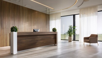 Fototapeta premium Modern office interior with reception desk, glass partitions and curtains. Waiting area concept. 3D Rendering.