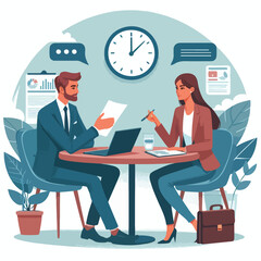 Partners meeting for business discussion with documents and laptop on desk. Couple at round table, speaking, discussing work, partnership. Flat vector illustration isolated on white background
