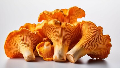 chanterelle mushrooms displayed on a white background showcasing their vibrant orange color and unique texture during autumn harvest