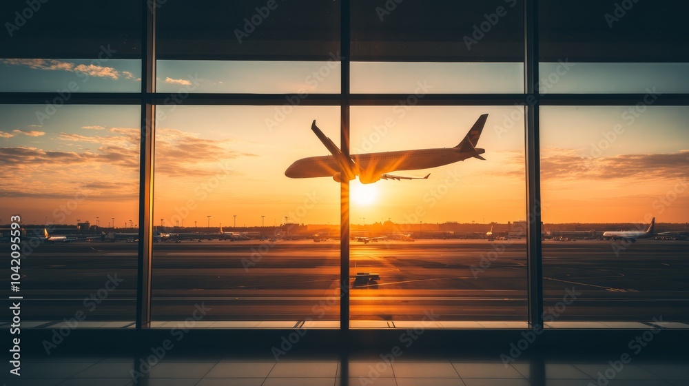 Aufkleber the sun is setting behind an airplane taking off from an airport, creating a warm orange glow. the s