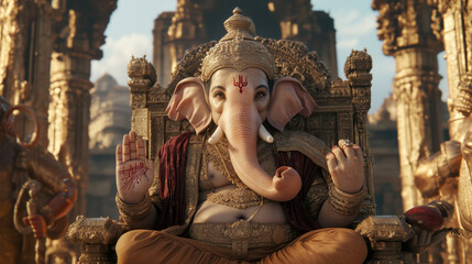 Fototapeta premium Majestic Lord Ganesha seated on a grand throne
