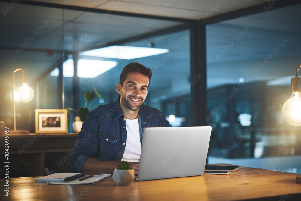 Poster documents, laptop and portrait of businessman at night for website, research and online project. pro