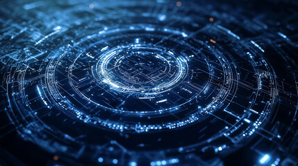 abstract tech background with neon-lit circuit boards, wires, and microchips, set against a dark, gradient blue background.