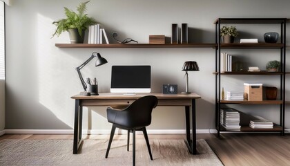 contemporary home office with a dark wood desk comfortable chair and organized shelves
