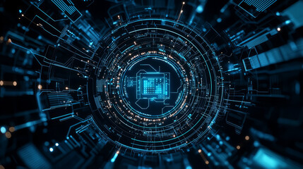 abstract tech background with neon-lit circuit boards, wires, and microchips, set against a dark, gradient blue background.