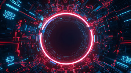 abstract tech background with neon-lit circuit boards, wires, and microchips, set against a dark, gradient blue background.