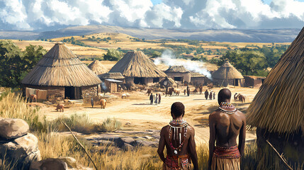 Traditional zulu village. Zulu Tribe. Illustration