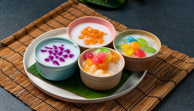 create a fusion of traditional thai desserts like tub tim krob and coconut milk pudding with colorful toppings