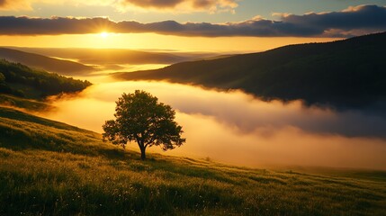 Fototapeta premium Lonely tree on a hilltop at sunrise.