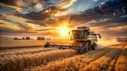 Fototapeta premium Vintage Harvesting Scene of a Harvester at Work in a Golden Wheat Field at Sunset