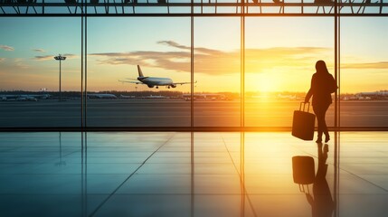Businesswoman walks through an airport terminal at sunset, her silhouette against the evening sky creating a modern and elegant scene. Perfect for travel, business trips, or vacations