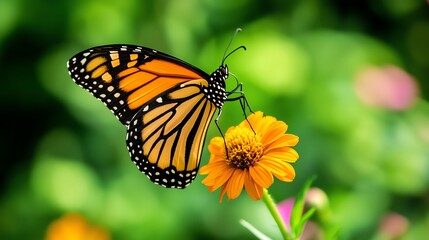 Naklejka premium Monarch butterfly perched on a yellow flower.