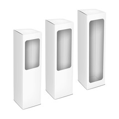 White paper tall vertical die-cut window box. 3d mockup set. Empty transparent front paperboard container with tuck-in flap. Realistic vector mock-up. Template for packaging design