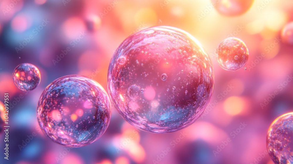 Aufkleber a series of colorful soap bubbles drift gracefully through the air, illuminated by warm, soft light 