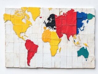 Colorful world map on textured paper, white isolate background.