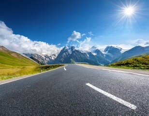 mountain landscape and blue sky above asphalt road