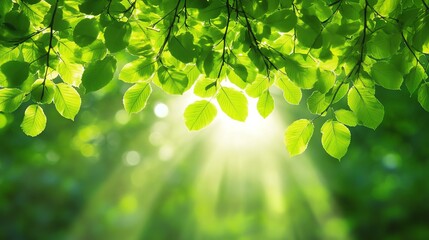 Obraz premium Sunlight through green leaves in forest.