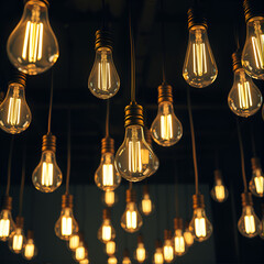 Multiple retro-style light bulbs hang from the ceiling in a dark room, casting a nostalgic glow....