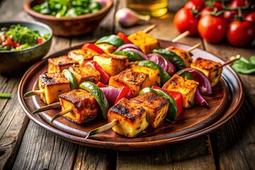 Fototapeta premium Vintage Paneer Tikka with Vegetables on Table - Authentic Indian Cuisine Photography