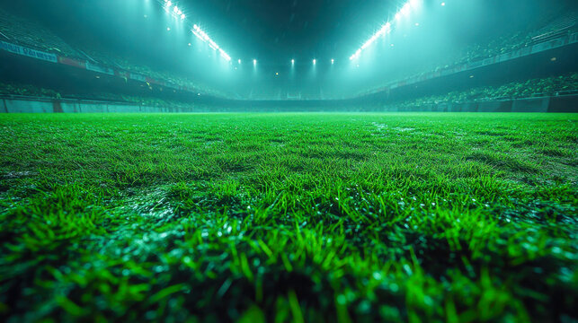A vast, brightly illuminated football stadium at dusk, with perfectly manicured grass field glowing under the floodlights