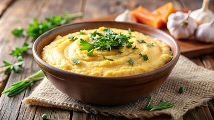 Creamy polenta dish garnished with herbs