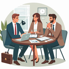 Partners meeting for business discussion with documents and laptop on desk. Couple at round table, speaking, discussing work, partnership. Flat vector illustration isolated on white background