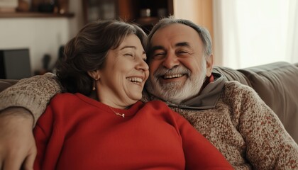 Elderly Couple Embrace On Sofa For Love, Wellness, And Successful Retirement: Ensuring Financial Security And Happiness In Marriage