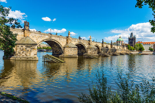 View of Charles Bridge Crossing the Vlata River from Lesser Town to Old Town. in Prague, Czech Republic.