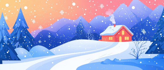 Naklejka premium A serene winter scene featuring a cozy red cabin amidst snow-covered mountains and evergreen trees under a colorful twilight sky.