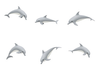 Obraz premium Six dolphins on a white background in different positions- one jumping, one playing, one swimming, one resting, one flipping, one diving.
