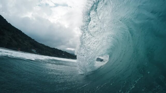 Breaking waves pack. Ocean wave barrels and breaks on the shore in Brazil. Matadeiro beach in Florianopolis