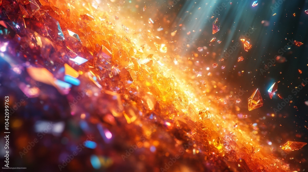 Poster A captivating array of shimmering orange and purple crystals captures light brilliantly, creating a stunning visual effect. The crystals seem to float in a dark ambiance, enhancing their vivid colors.