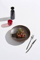 Elegant Beef Tataki with Avocado Mousse - Minimalist Food Photography with Artistic Shadows