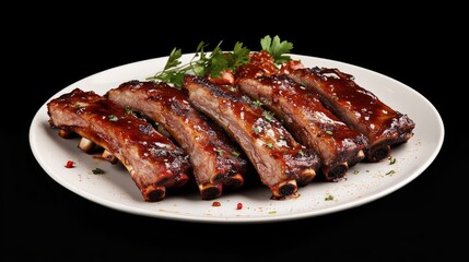 Grilled BBQ ribs on a plate close up with honey mustard sauce with glaze with space for text or inscriptions