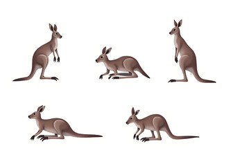 Naklejka premium Six kangaroos in different poses on a white background- one hopping, one standing tall, one lying down, one playing, one grooming, one grazing.