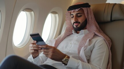 Rich Arab businessman in suit uses smartphone while flying private plane close up