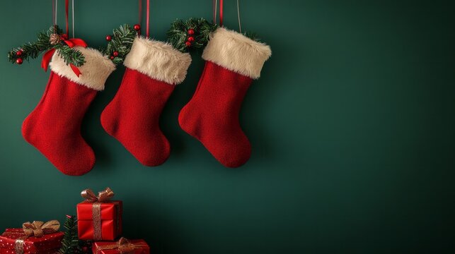 Christmas red socks with presents hanging on a green empty wall with space for text or inscriptions, merry christmas theme