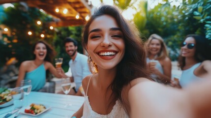 Smiling woman taking selfie at house party with friends in background on terrace in evening time close up with space for text