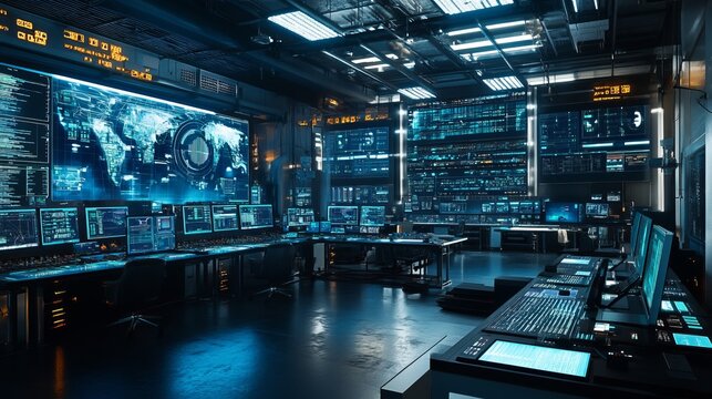 Interior of command center with many monitors displaying information in blue or data analysis, espionage