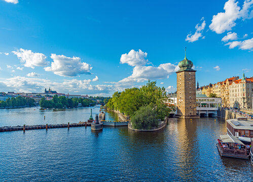 View of the Vlata River and St. Vitus Cathedral in Prague Castle In the Distance From New Town in Prague, Czech Republic.