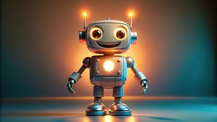 Credible robot with volumetric lighting, happy expression and asymmetrical design