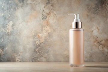Cosmetic toner bottle with pump on textured background